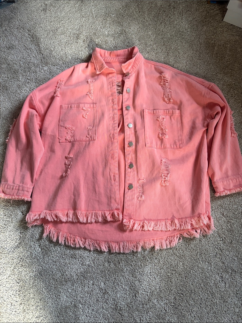 Distressed Pink Fringe Hem Denim Jacket